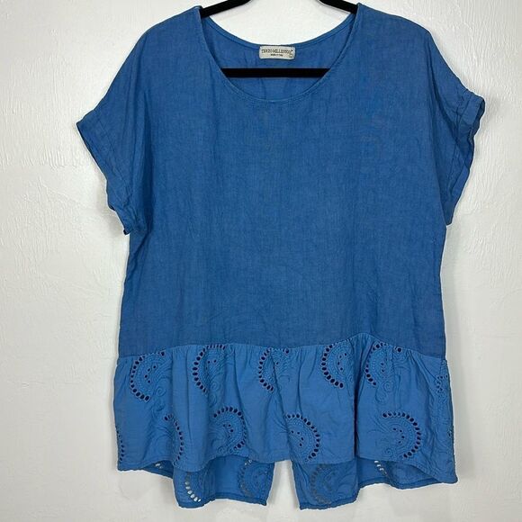 Terzo Millennio 100% Linen Tunic Top Blouse Eyelet Hem In Blue Size L - Picture 1 of 8